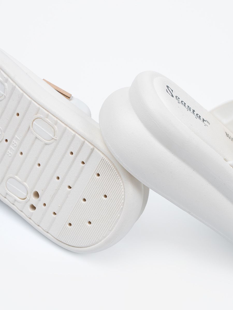 White Slide Sandals with Golden Buckles on Platform