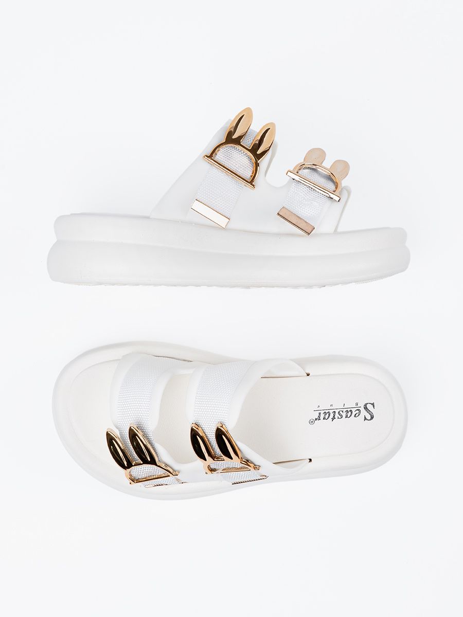 White Slide Sandals with Golden Buckles on Platform