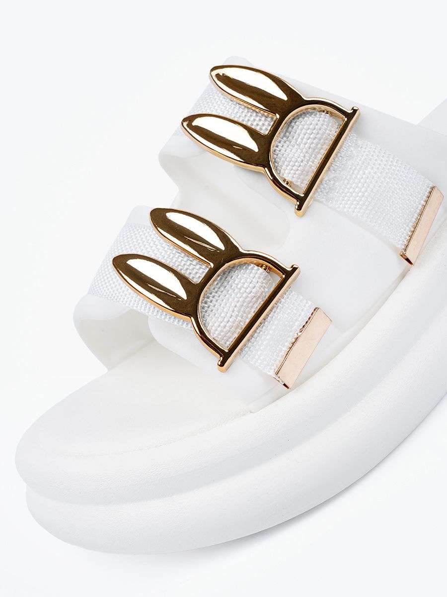 White Slide Sandals with Golden Buckles on Platform