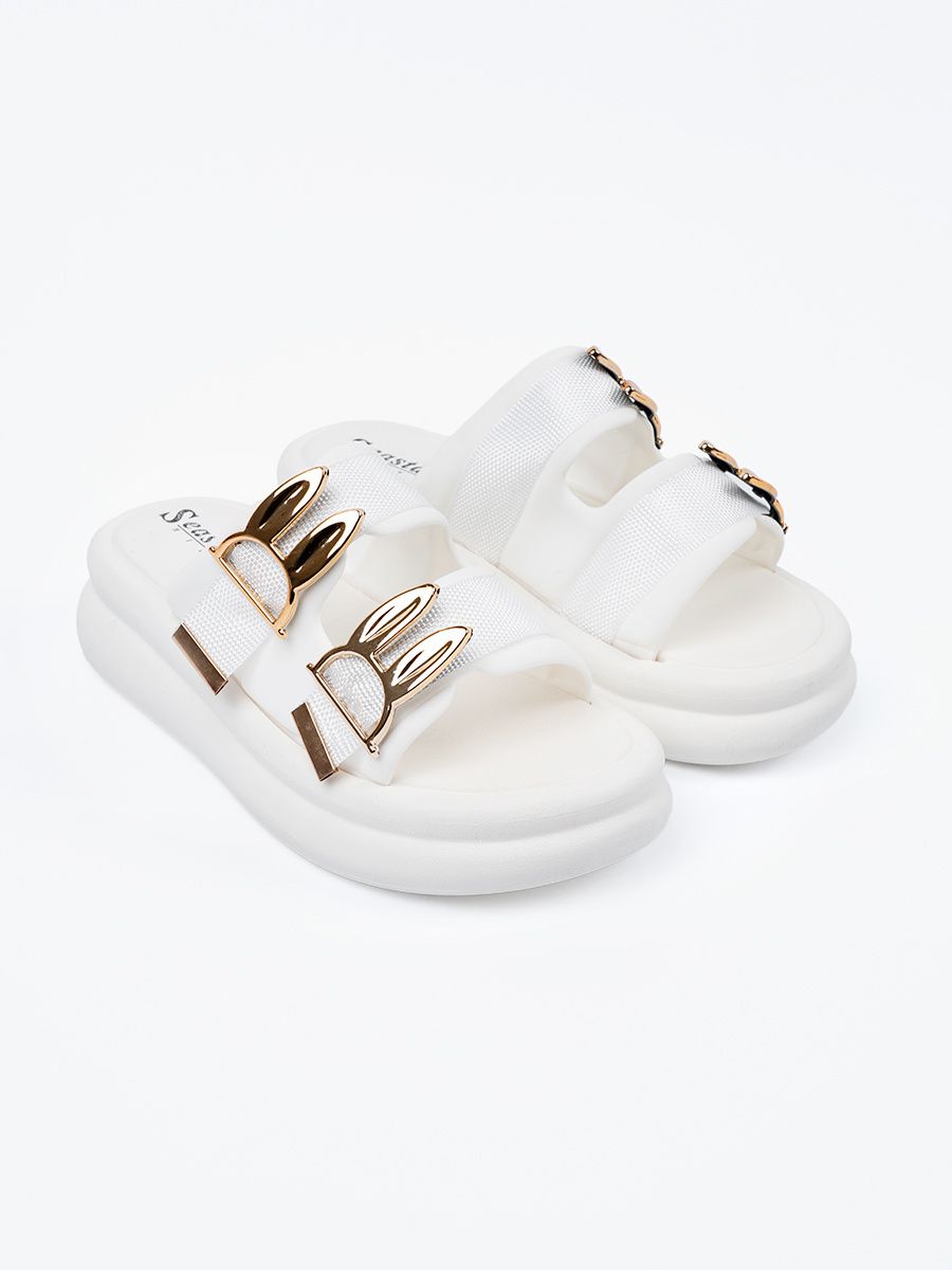 White Slide Sandals with Golden Buckles on Platform