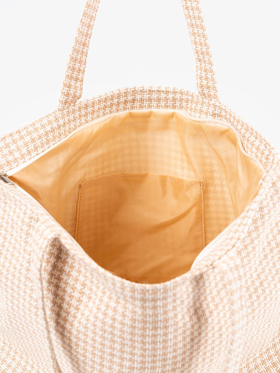 Beige Checkered Beach Bag