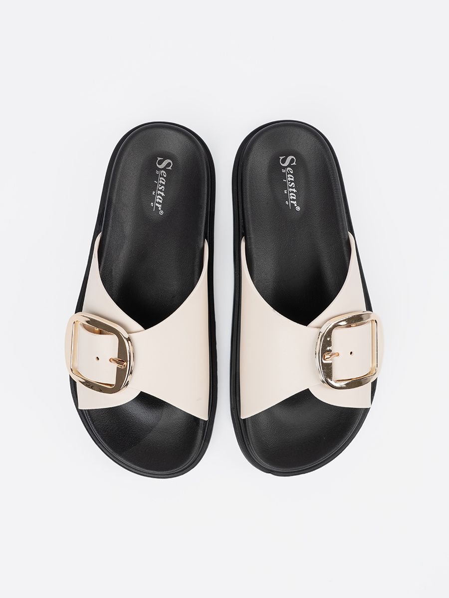 Light Beige Sandals with Golden Buckle