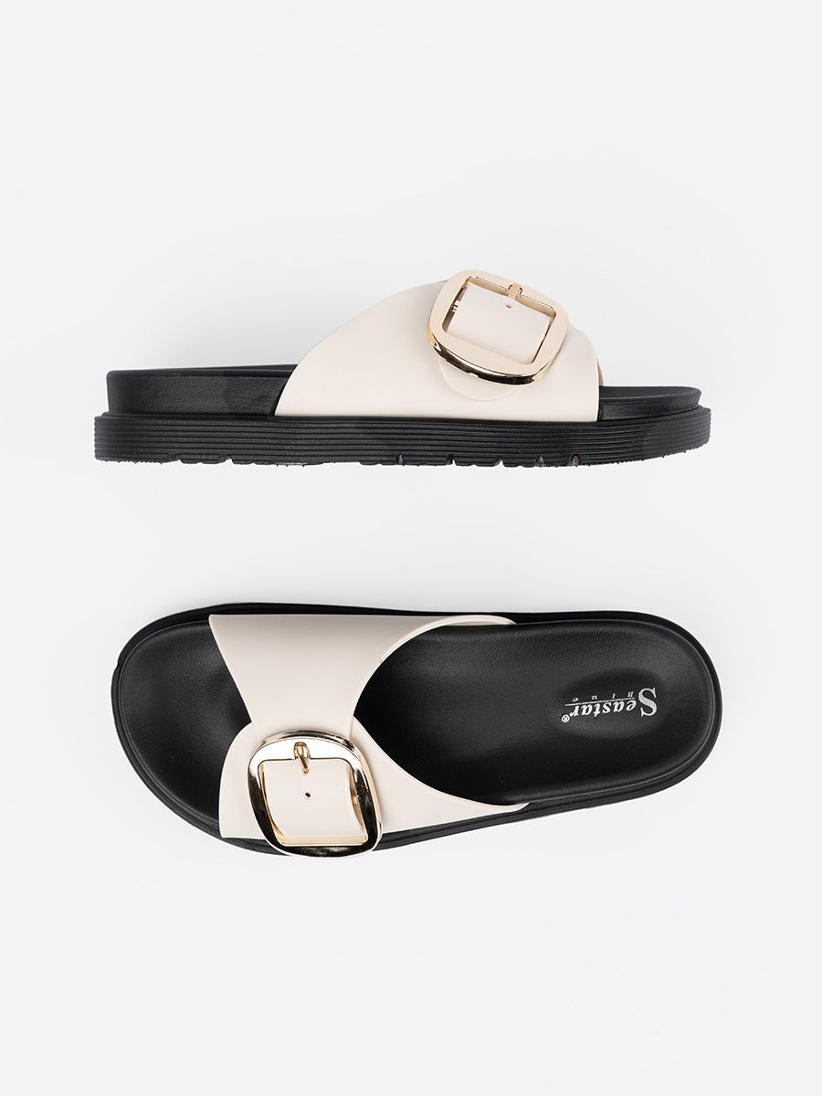 Light Beige Sandals with Golden Buckle