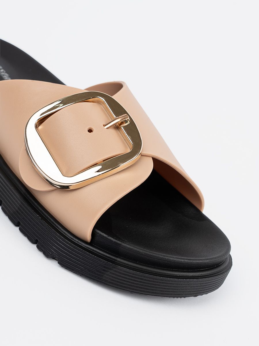 Beige Women's Sandals with Golden Buckle