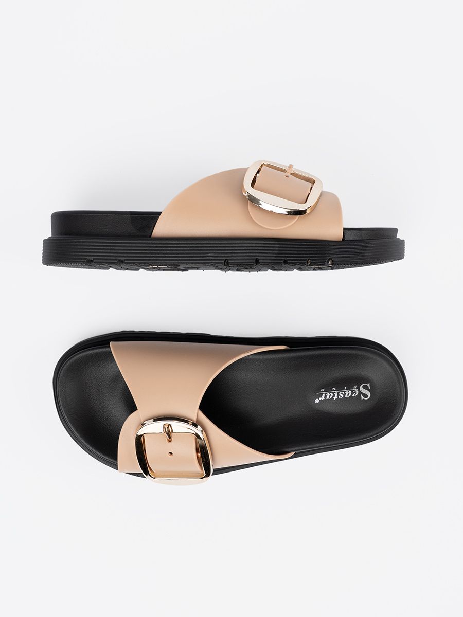 Beige Women's Sandals with Golden Buckle