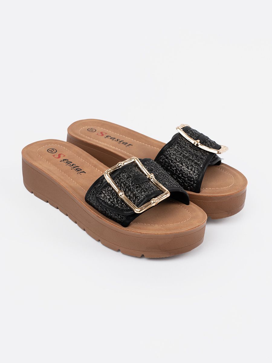 Black Slippers with Golden Buckle