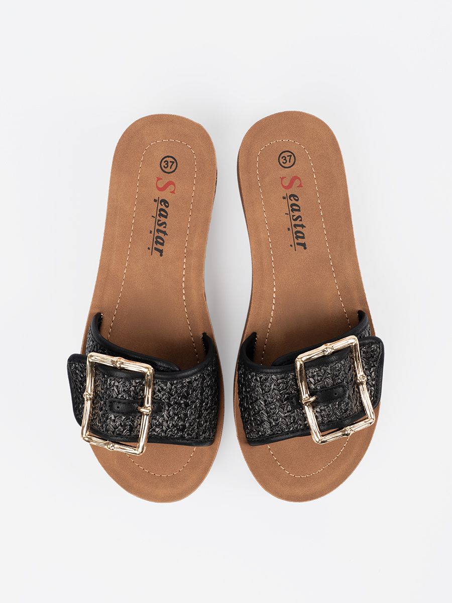 Black Slippers with Golden Buckle