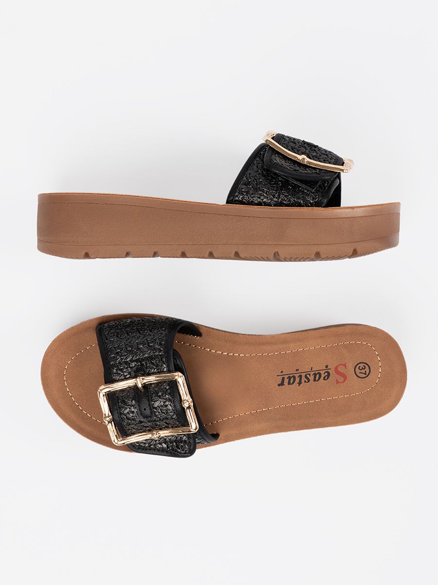 Black Slippers with Golden Buckle