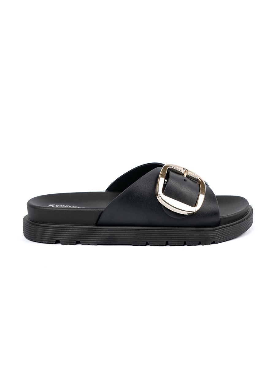 Black Women's Slides with Gold Buckle