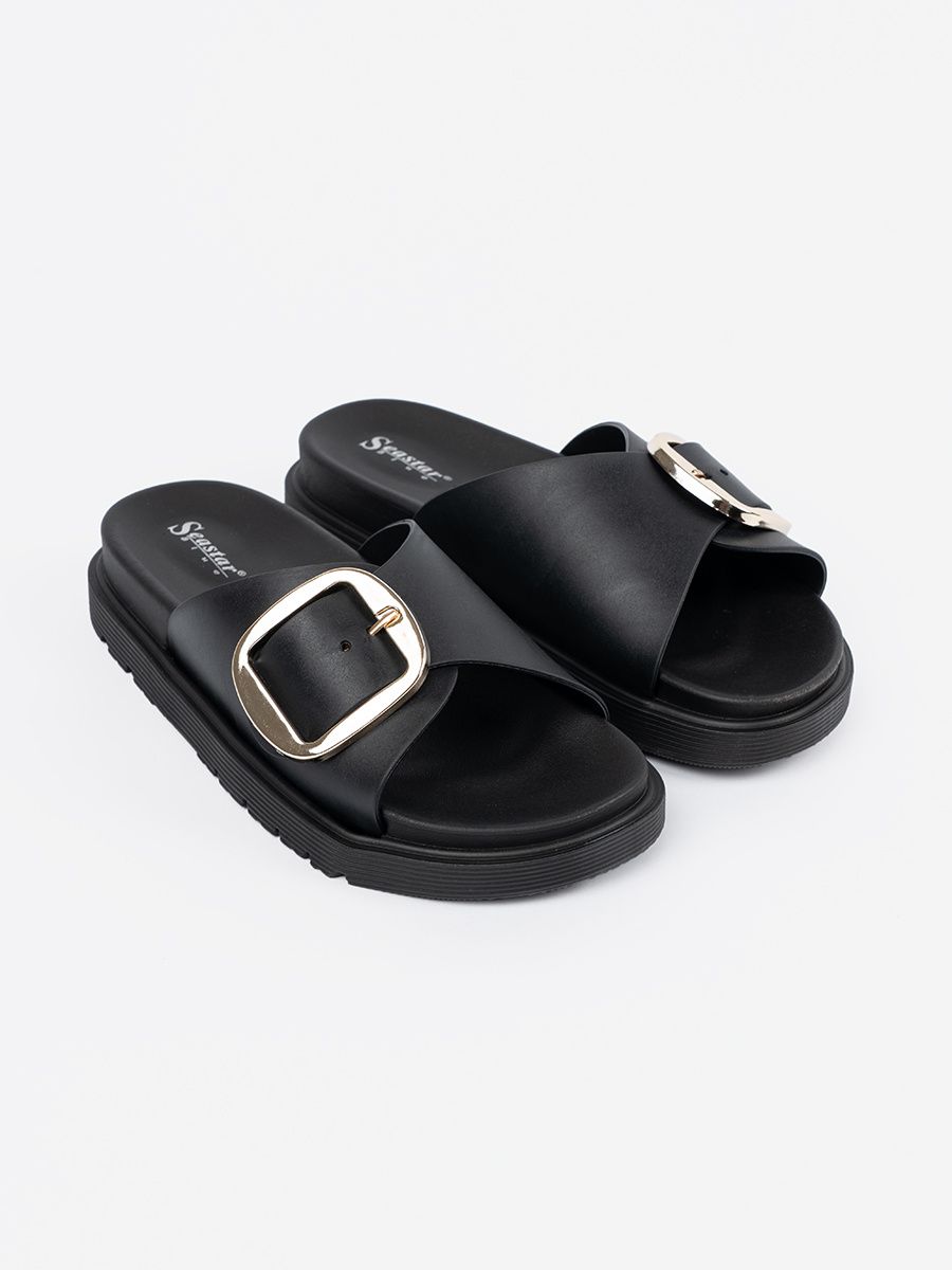 Black Women's Slides with Gold Buckle