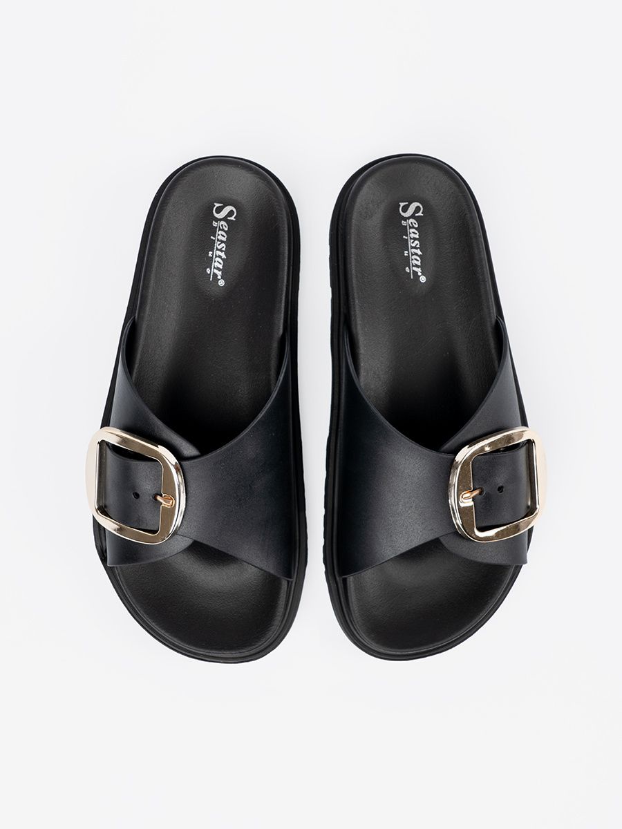 Black Women's Slides with Gold Buckle