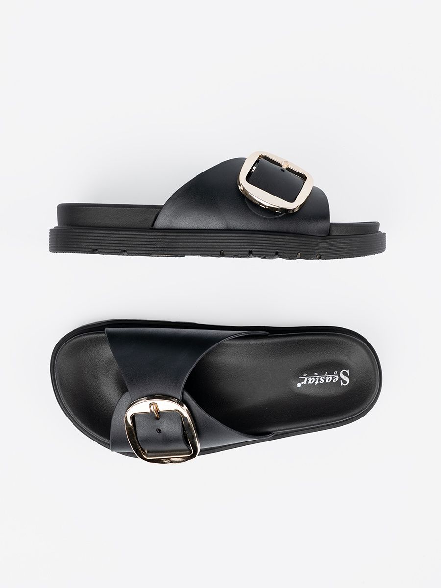 Black Women's Slides with Gold Buckle