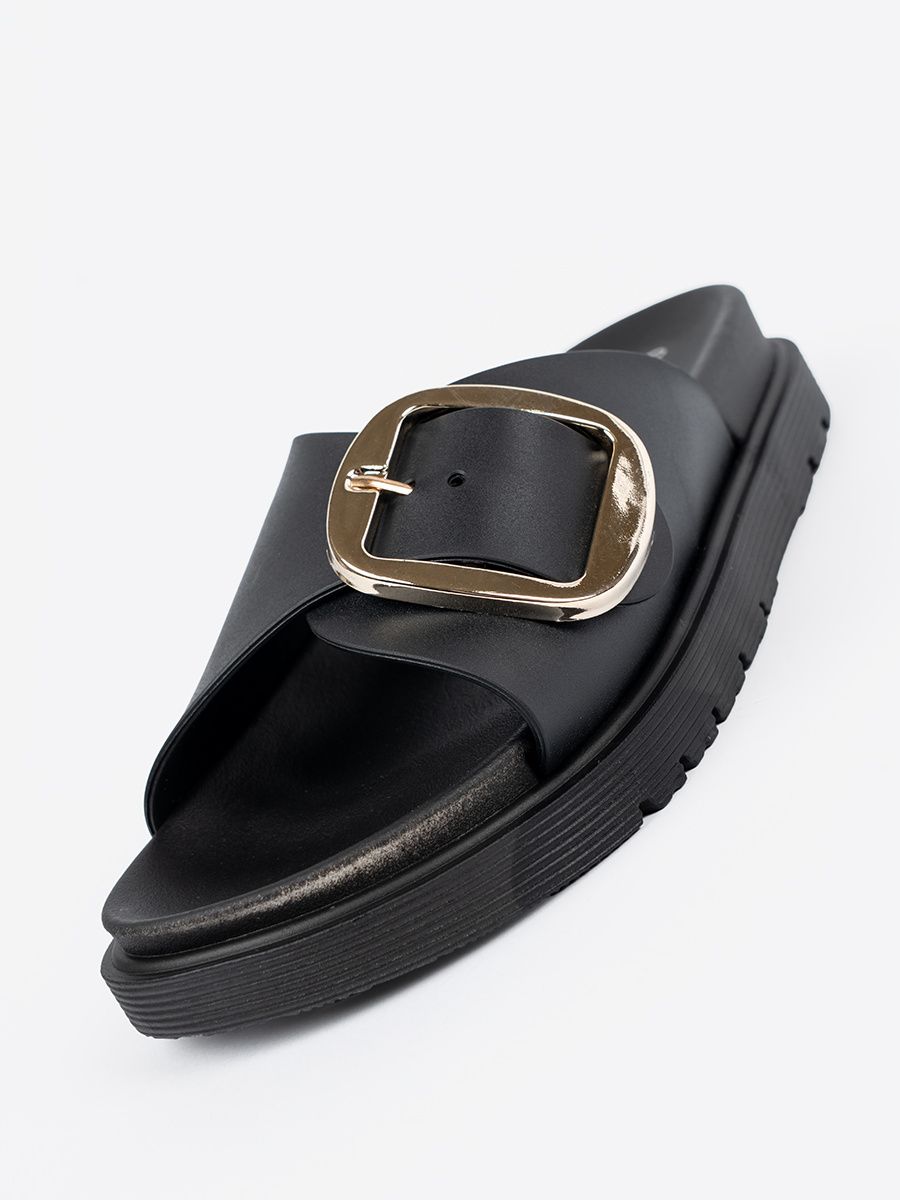 Black Women's Slides with Gold Buckle
