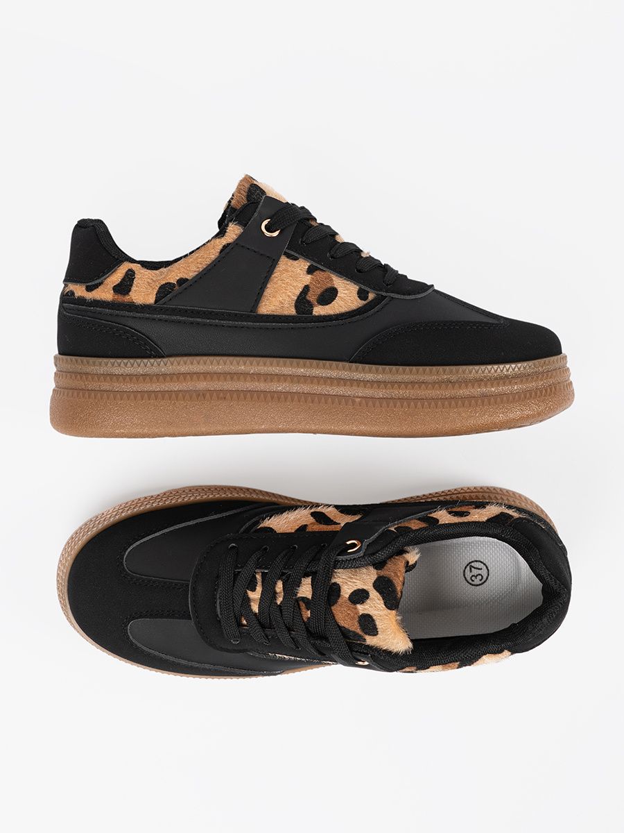 Women's Black Sneakers with Leopard Details