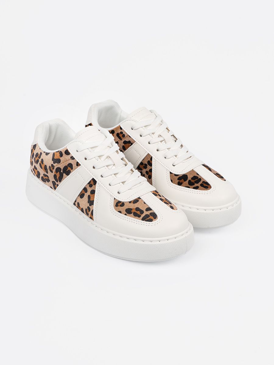 White Sneakers with Leopard Print Details