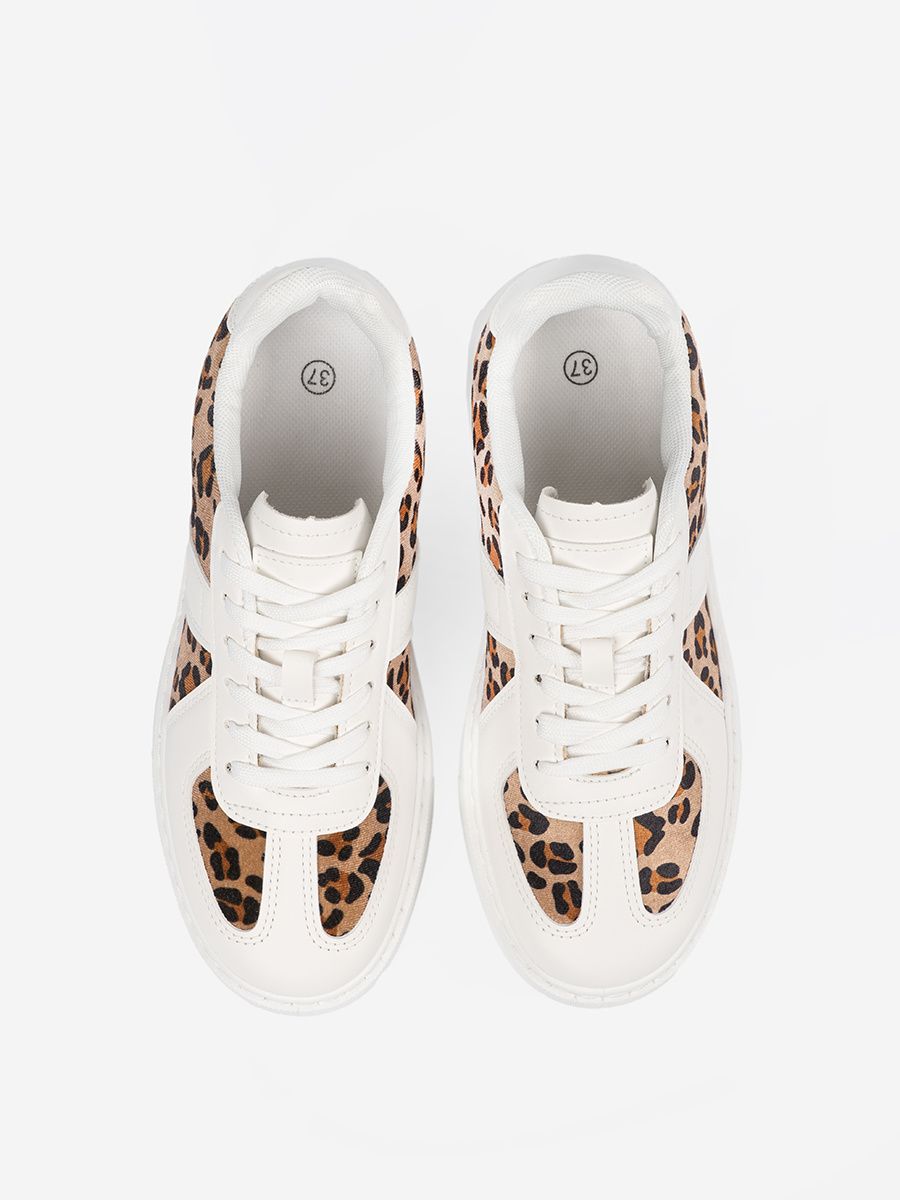 White Sneakers with Leopard Print Details
