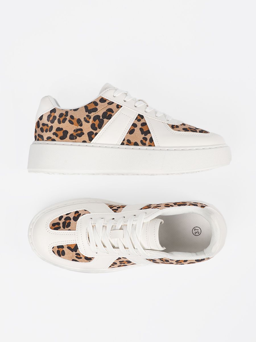 White Sneakers with Leopard Print Details
