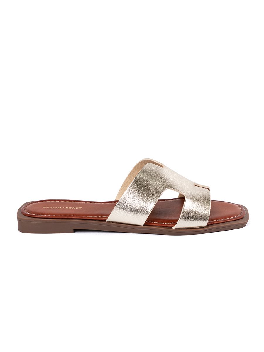 Shiny Gold Slide Sandals with Square Toe