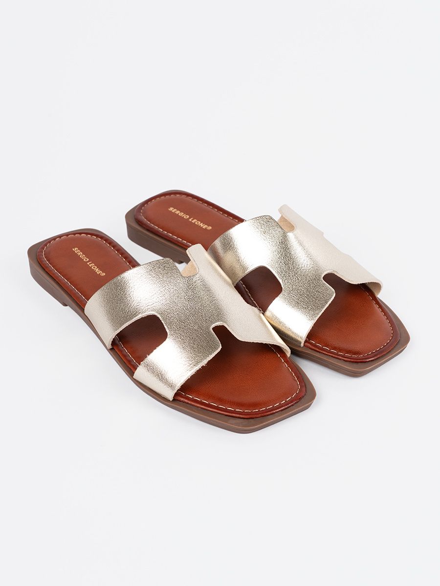 Shiny Gold Slide Sandals with Square Toe