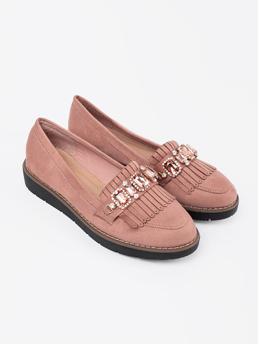 Pink Suede Moccasins with Decorative Crystals