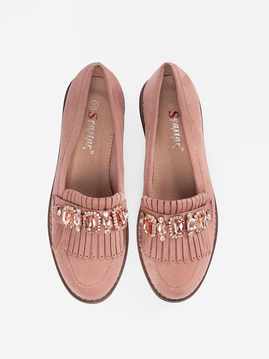 Pink Suede Moccasins with Decorative Crystals