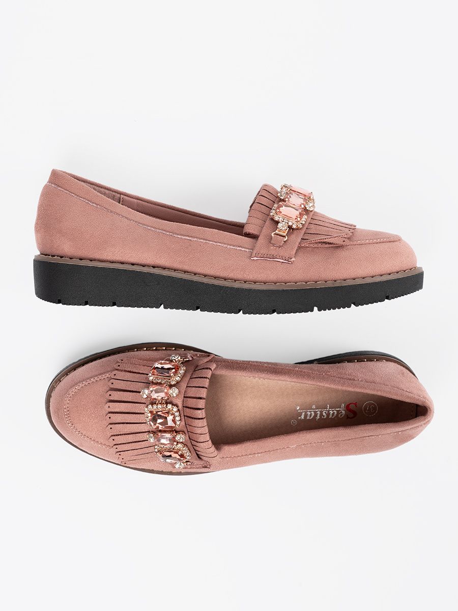 Pink Suede Moccasins with Decorative Crystals