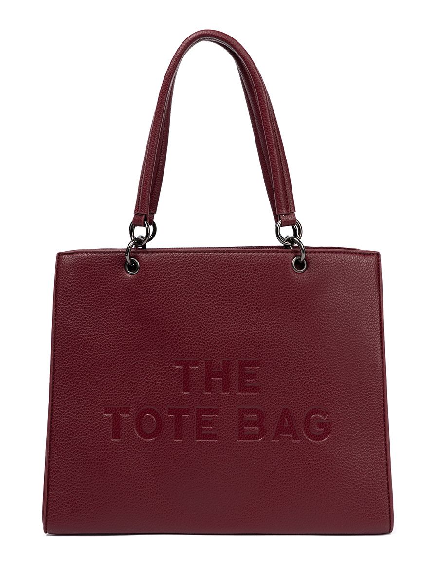 Burgundy tote bag with embossed lettering