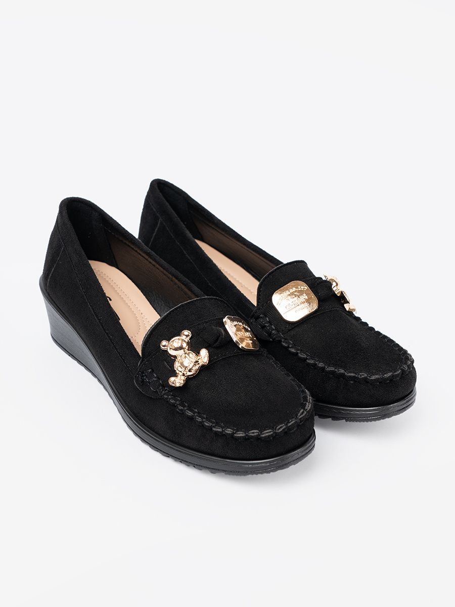 Black Suede Loafers with Decorative Bear