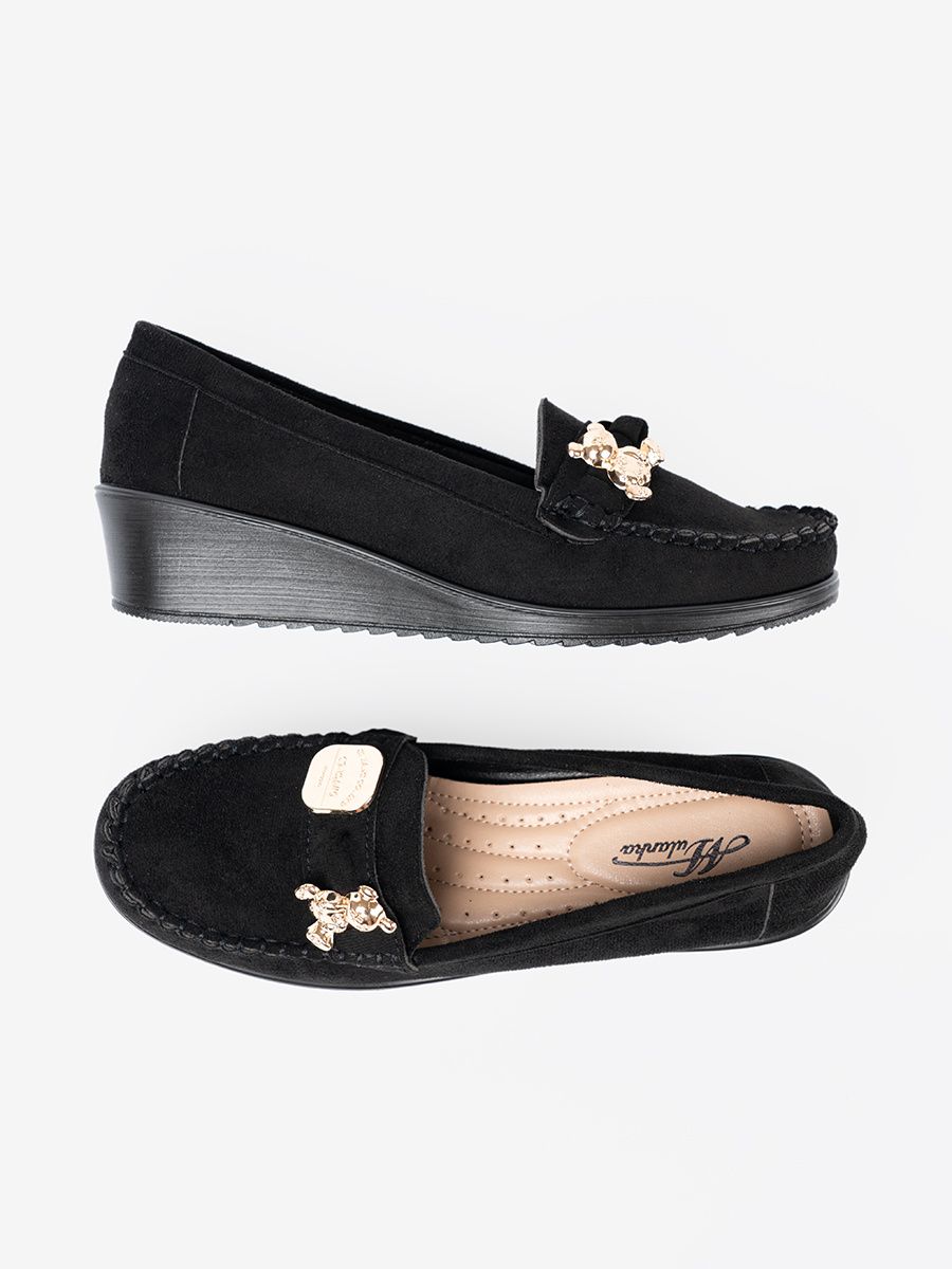 Black Suede Loafers with Decorative Bear