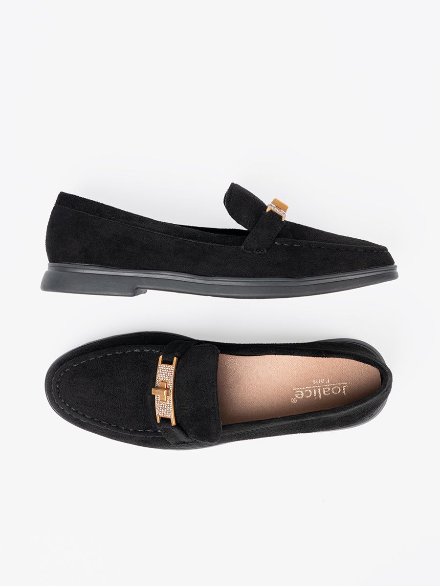 Black Suede Moccasins with Elegant Gold Decoration