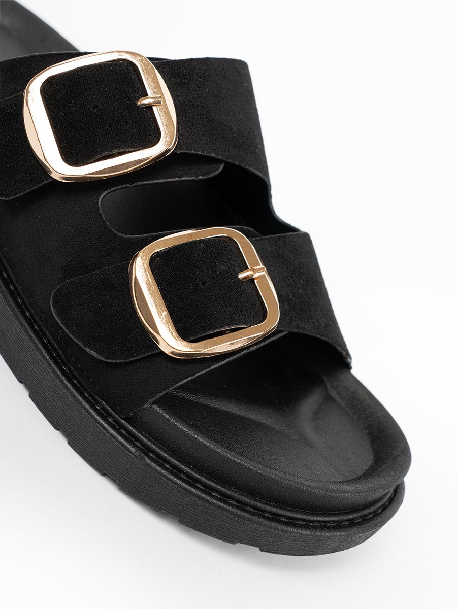 Black Slippers with Golden Buckles