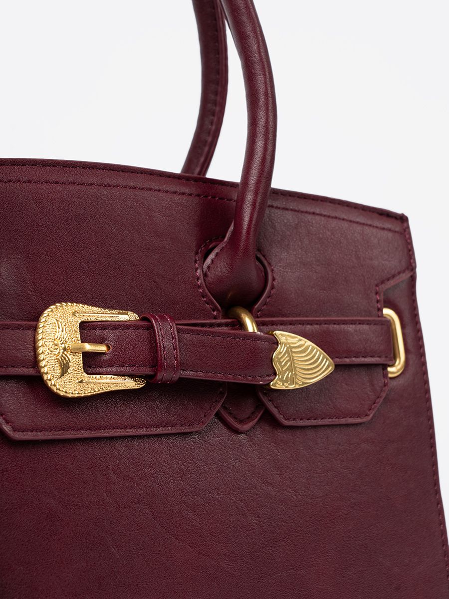 Burgundy Handbag with Decorative Gold Buckle