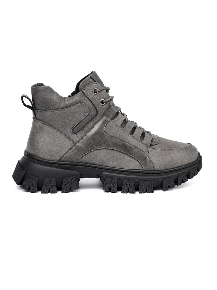 Gray Lace-Up Ankle Boots with Thick Sole