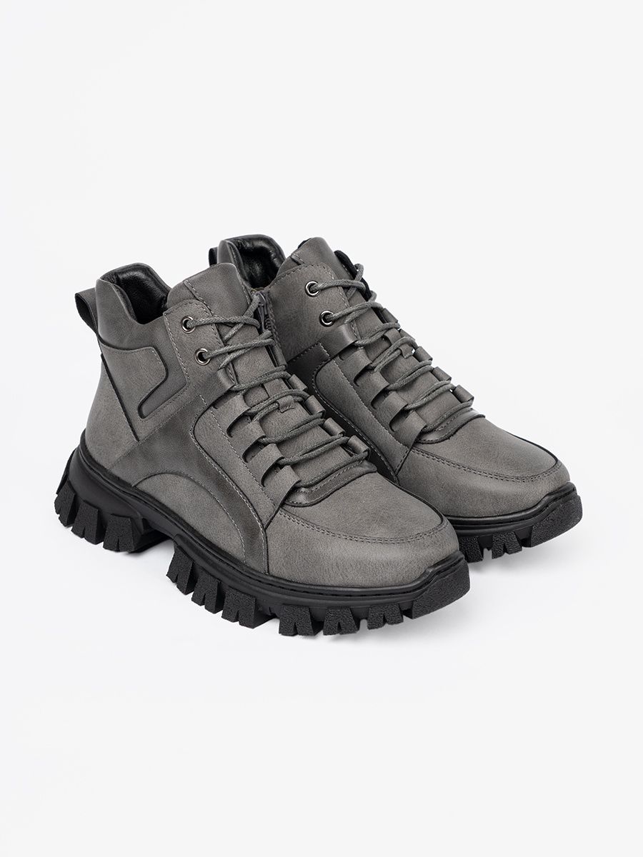 Gray Lace-Up Ankle Boots with Thick Sole