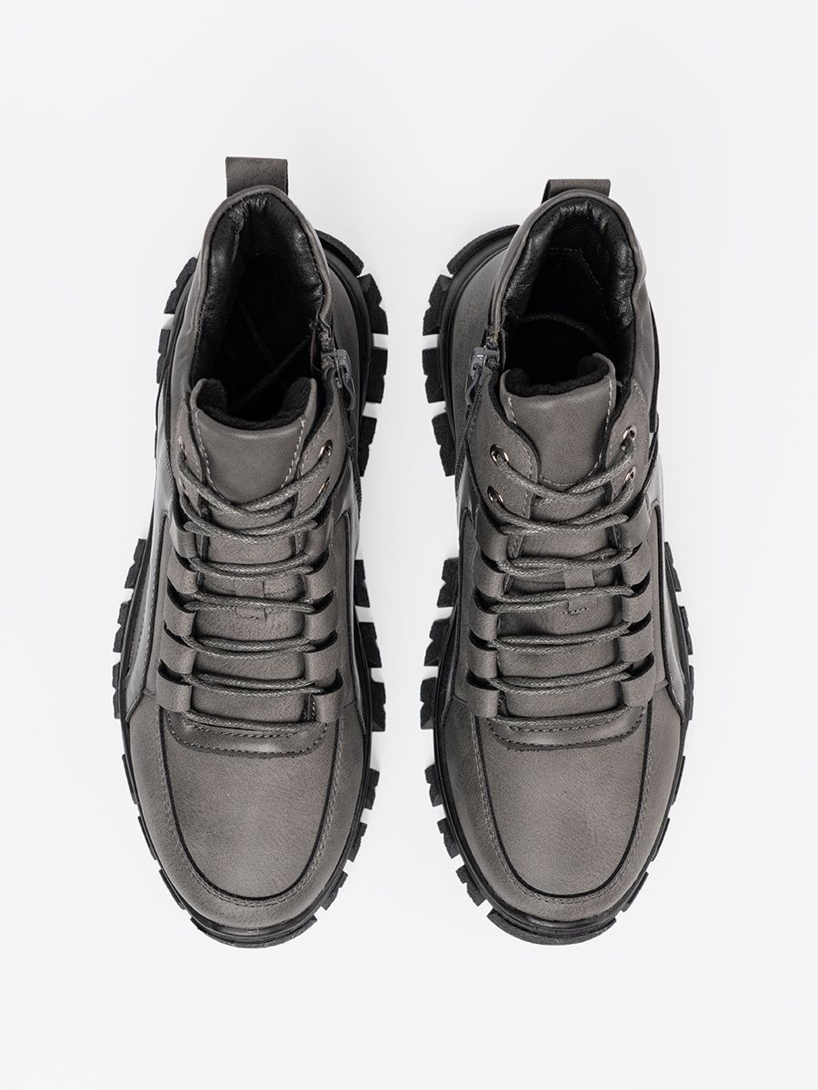 Gray Lace-Up Ankle Boots with Thick Sole