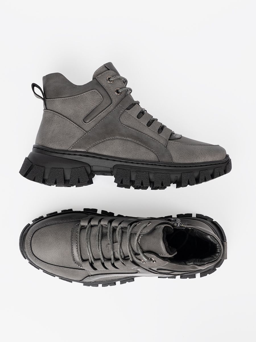 Gray Lace-Up Ankle Boots with Thick Sole