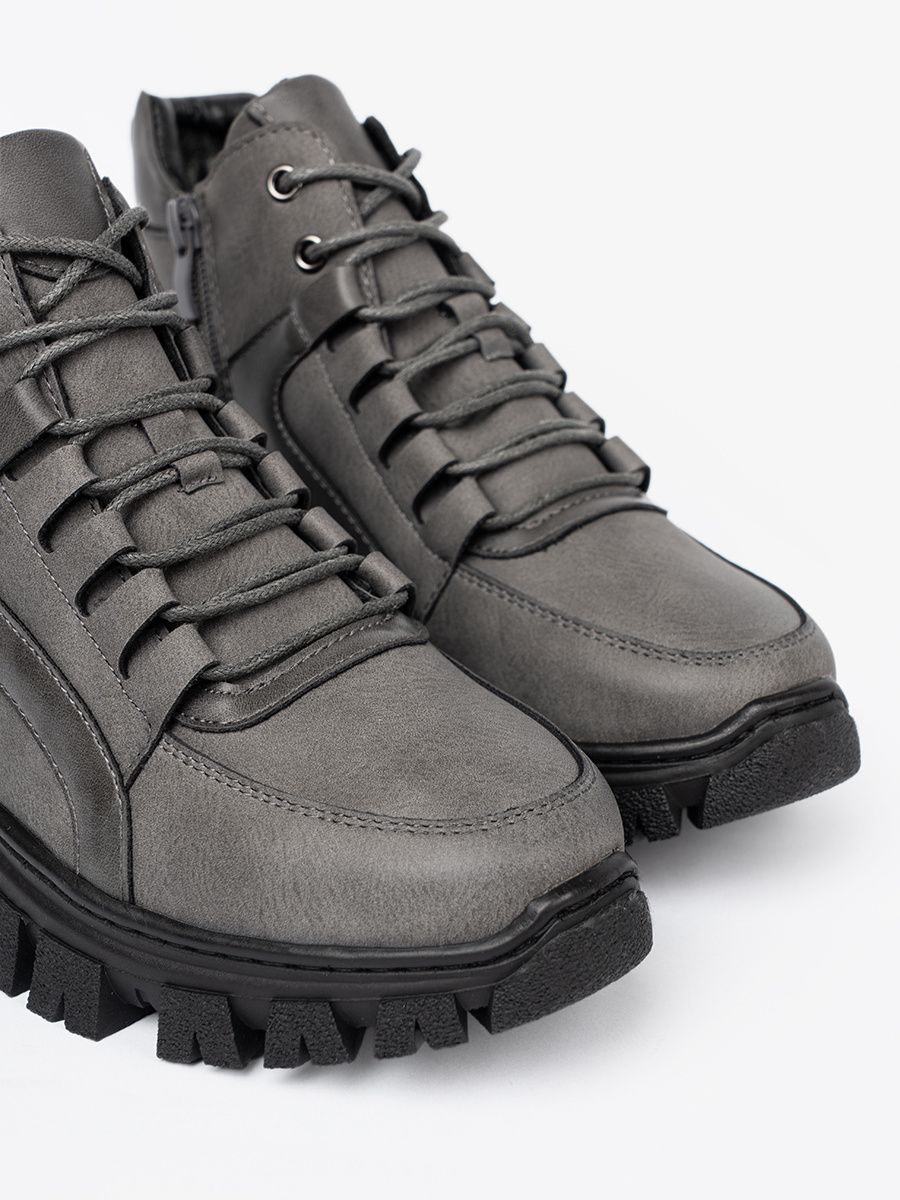 Gray Lace-Up Ankle Boots with Thick Sole