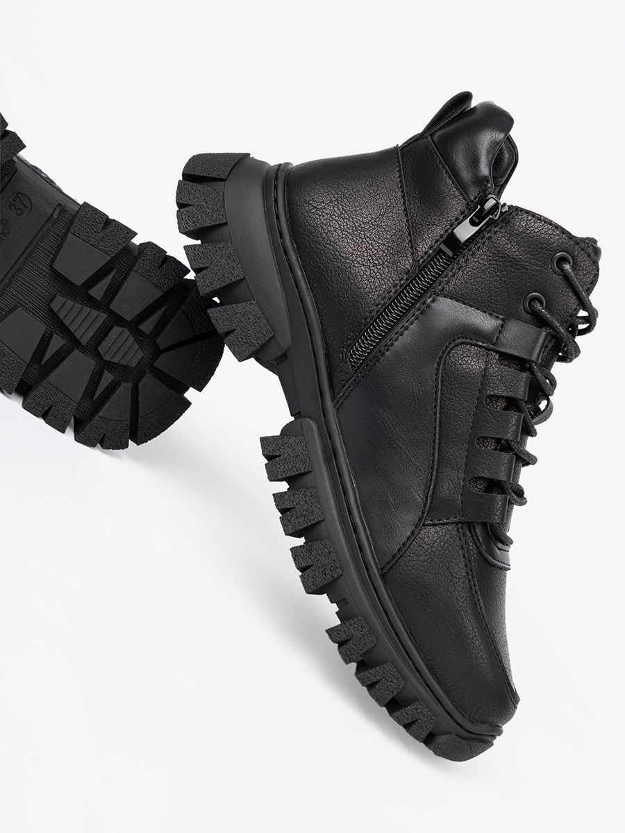 Black Lace-Up Ankle Boots with Thick Sole