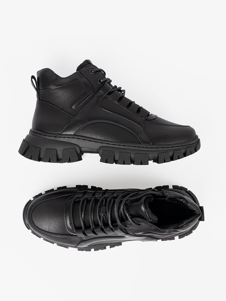 Black Lace-Up Ankle Boots with Thick Sole