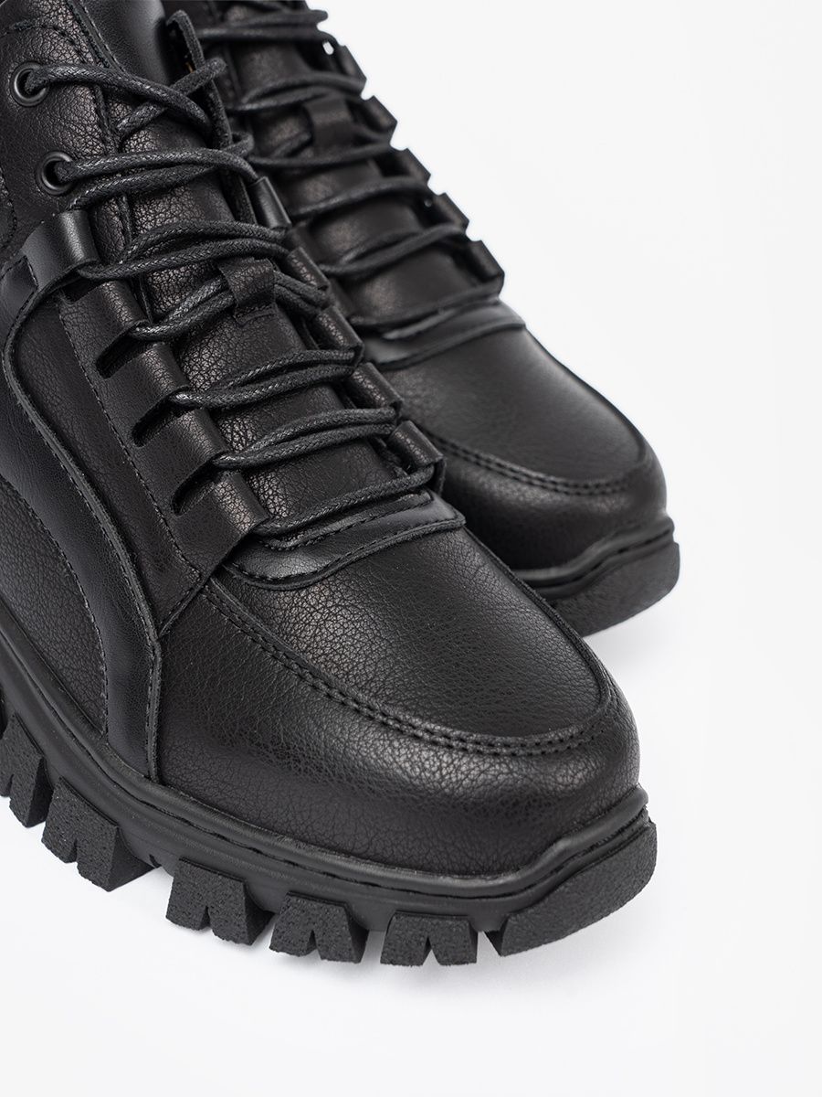 Black Lace-Up Ankle Boots with Thick Sole