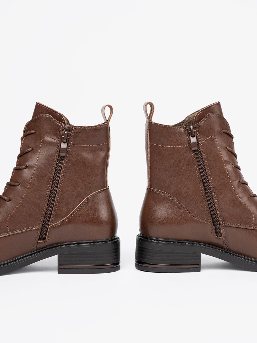 Brown Lace-Up Ankle Boots with Low Heel