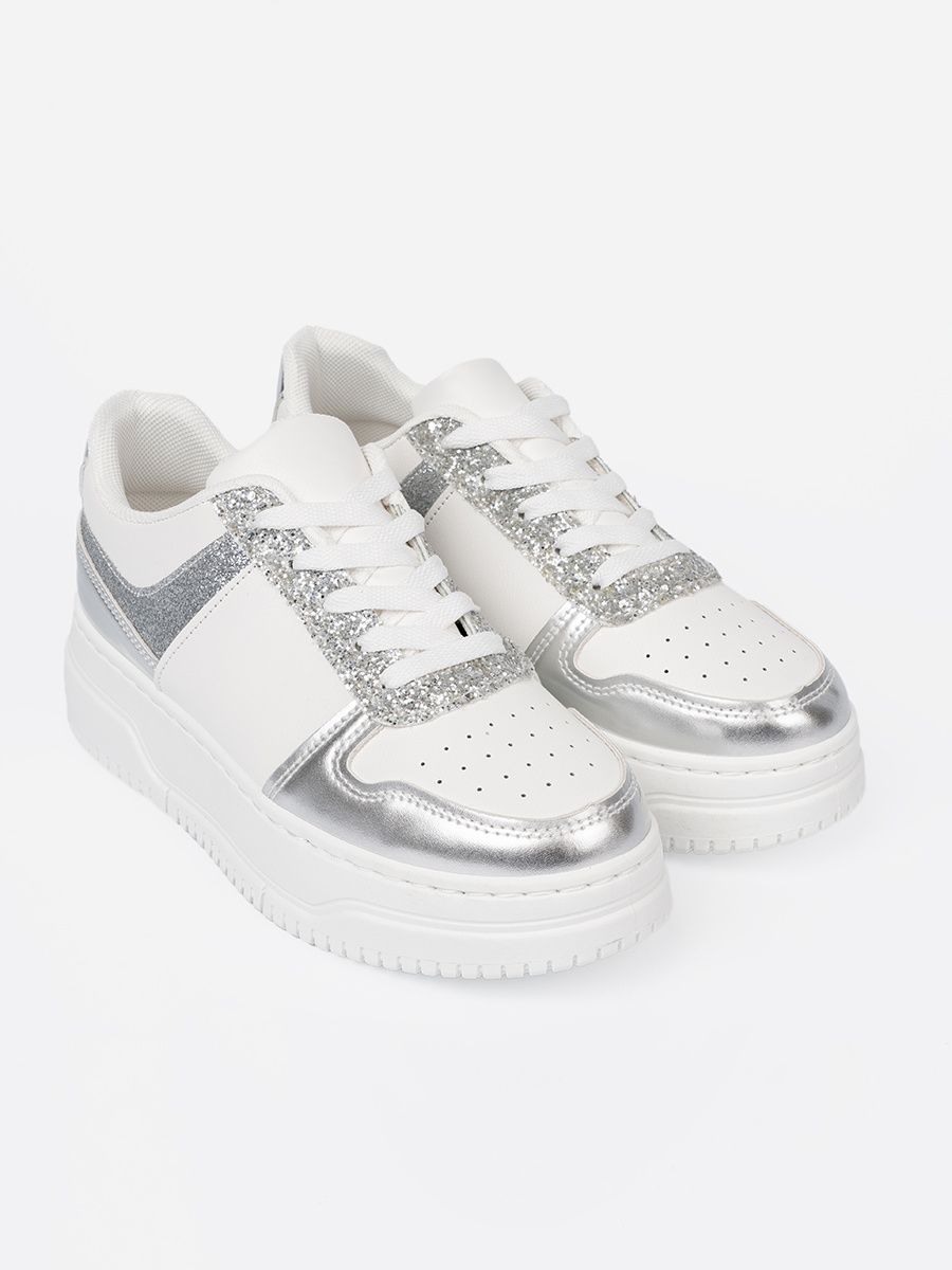 White-Silver Sneakers with Shiny Details
