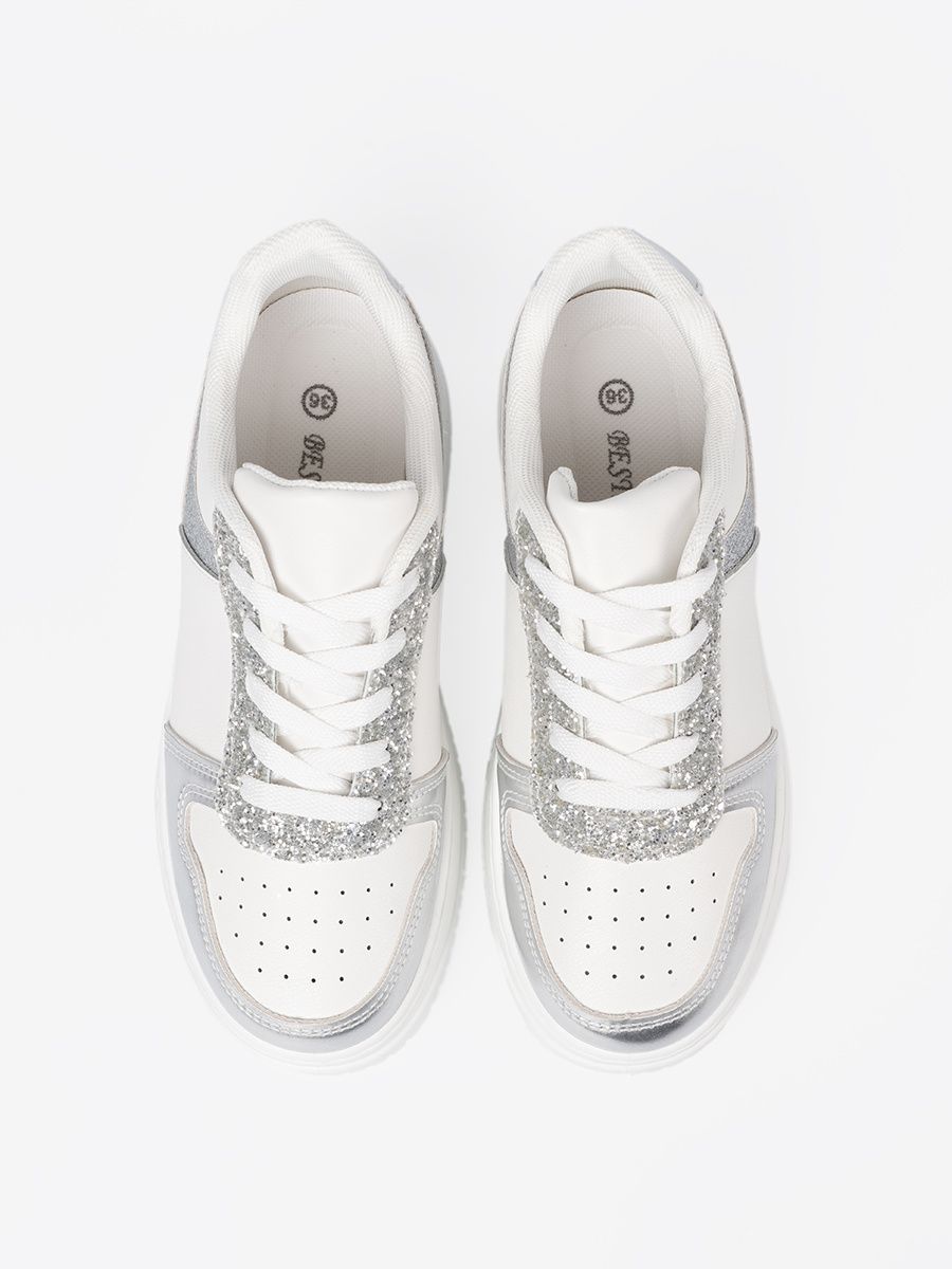 White-Silver Sneakers with Shiny Details