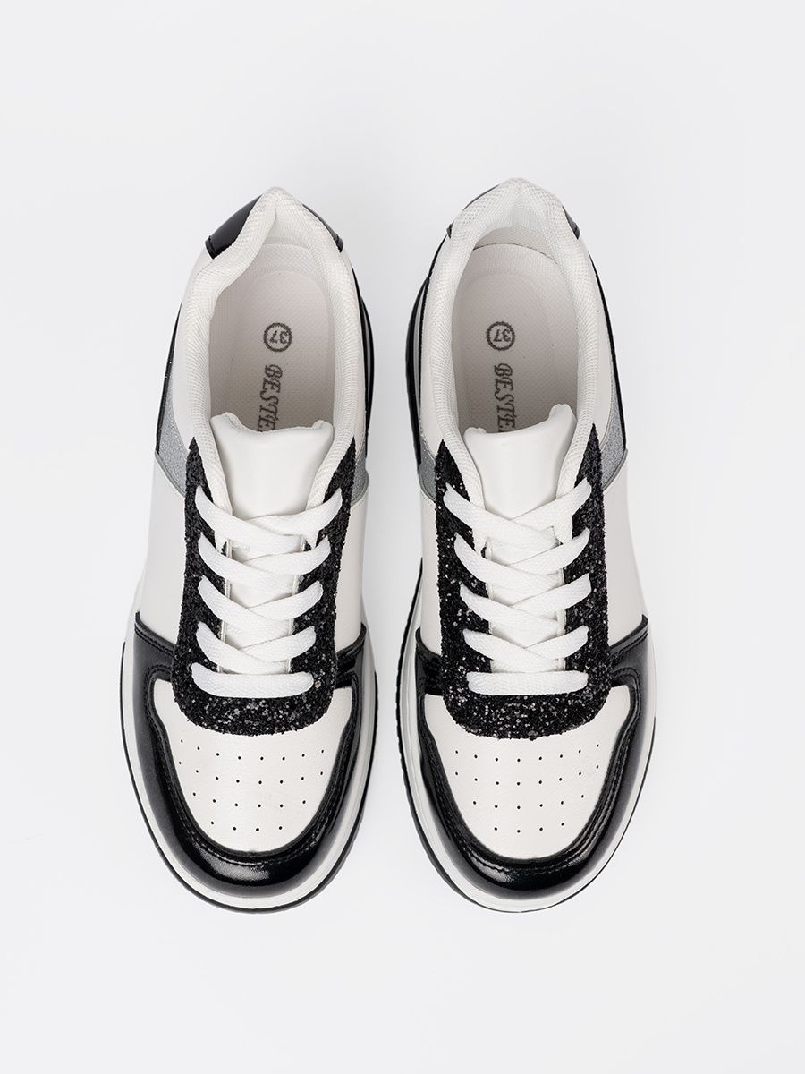 Black and White Sneakers with Shiny Silver Details