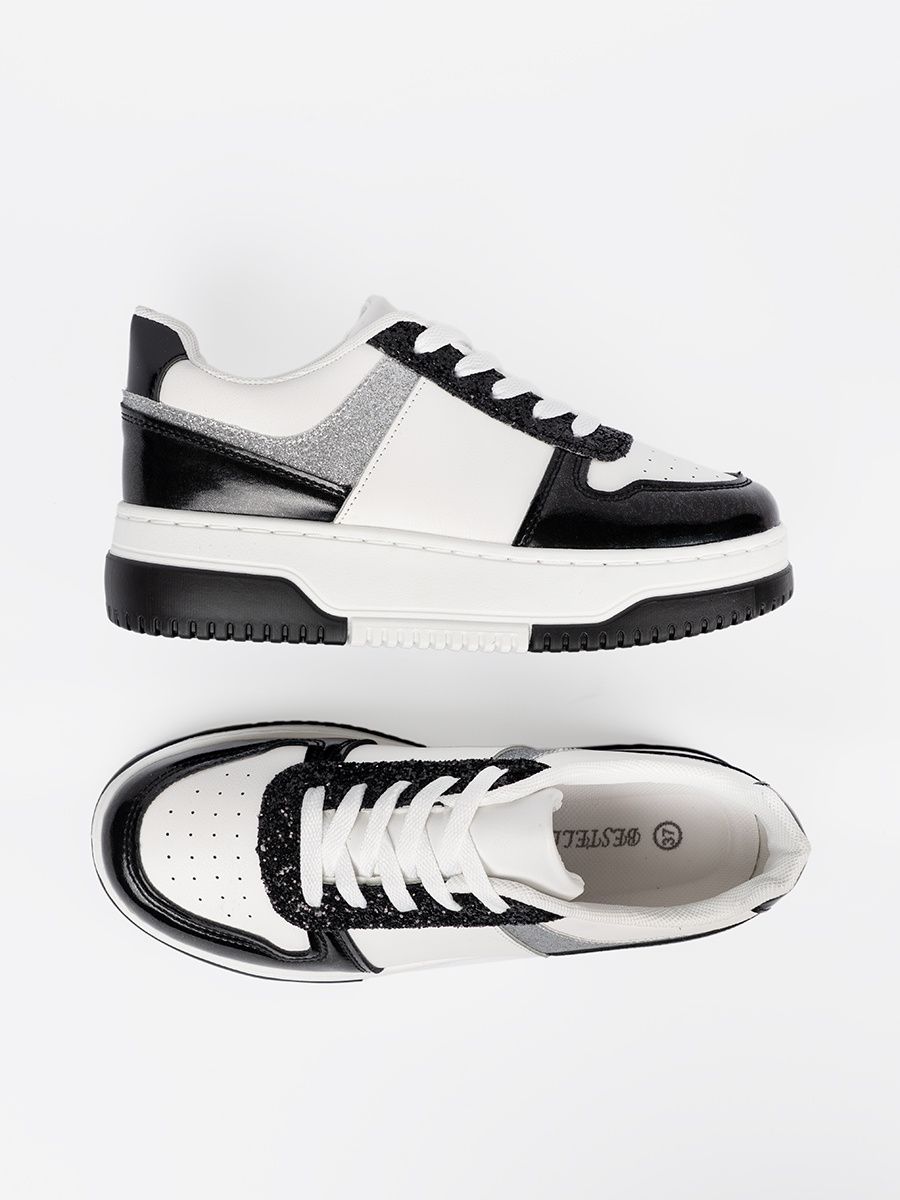 Black and White Sneakers with Shiny Silver Details