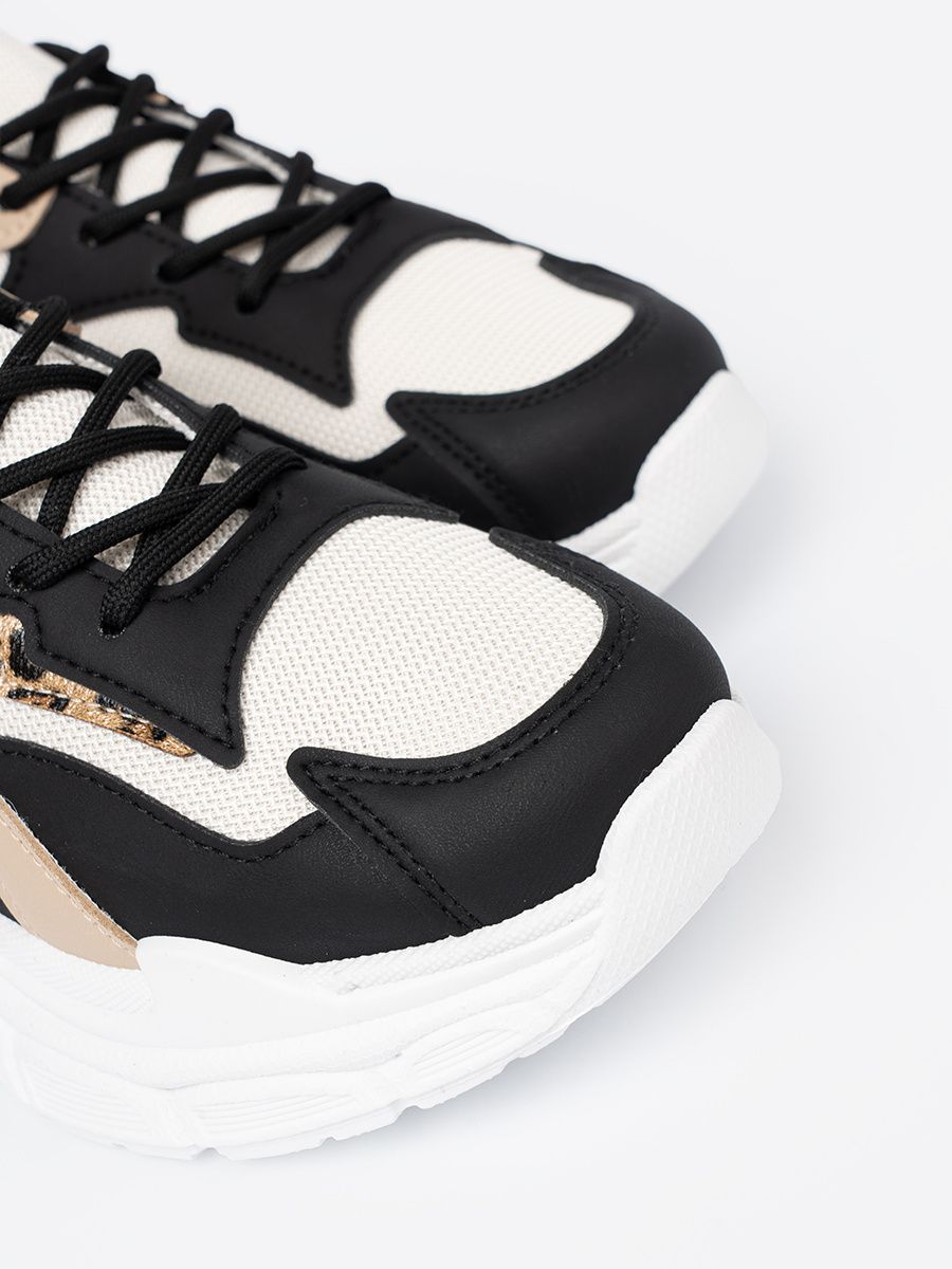 Black and Beige Women's Sneakers with Thick Sole