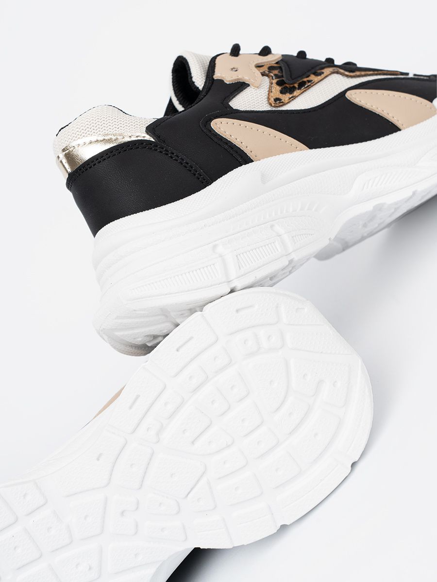 Black and Beige Women's Sneakers with Thick Sole