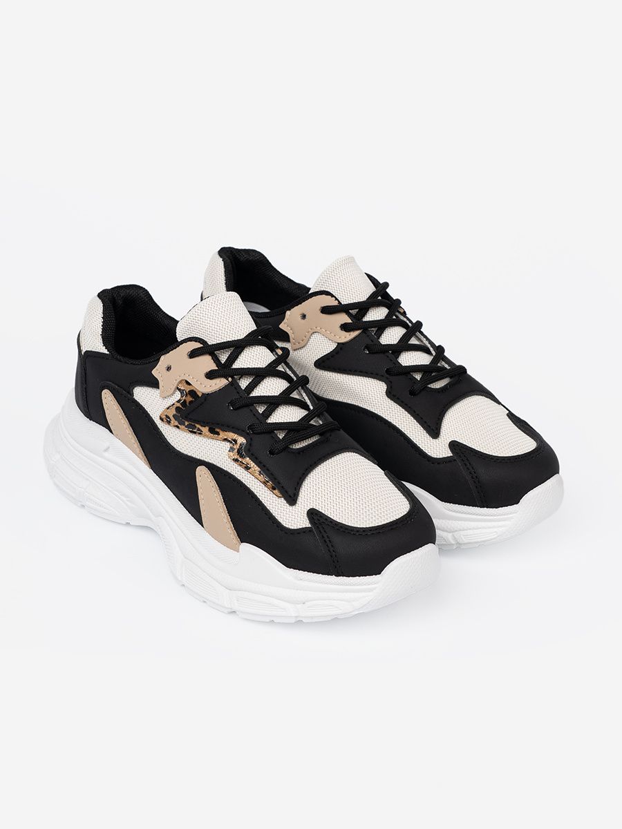 Black and Beige Women's Sneakers with Thick Sole