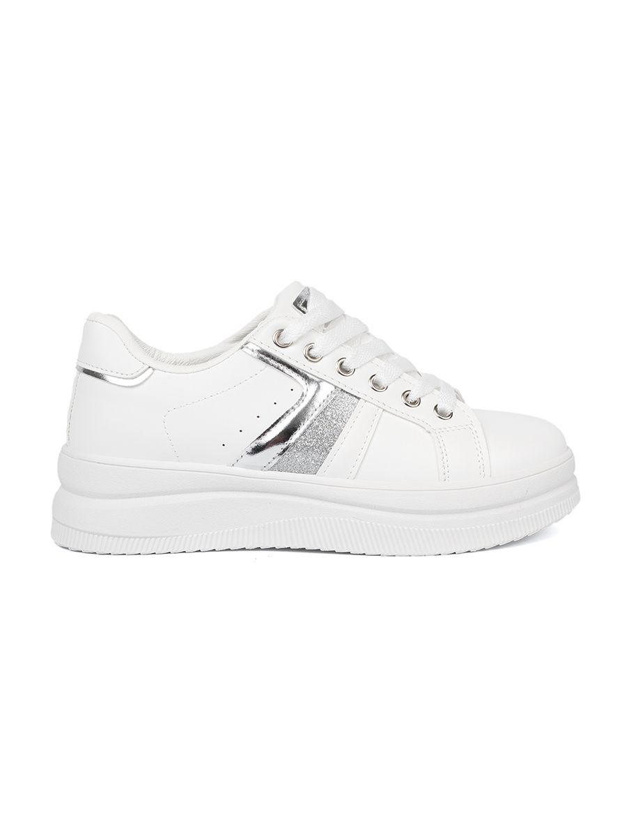 White Sneakers with Metallic Silver Accent