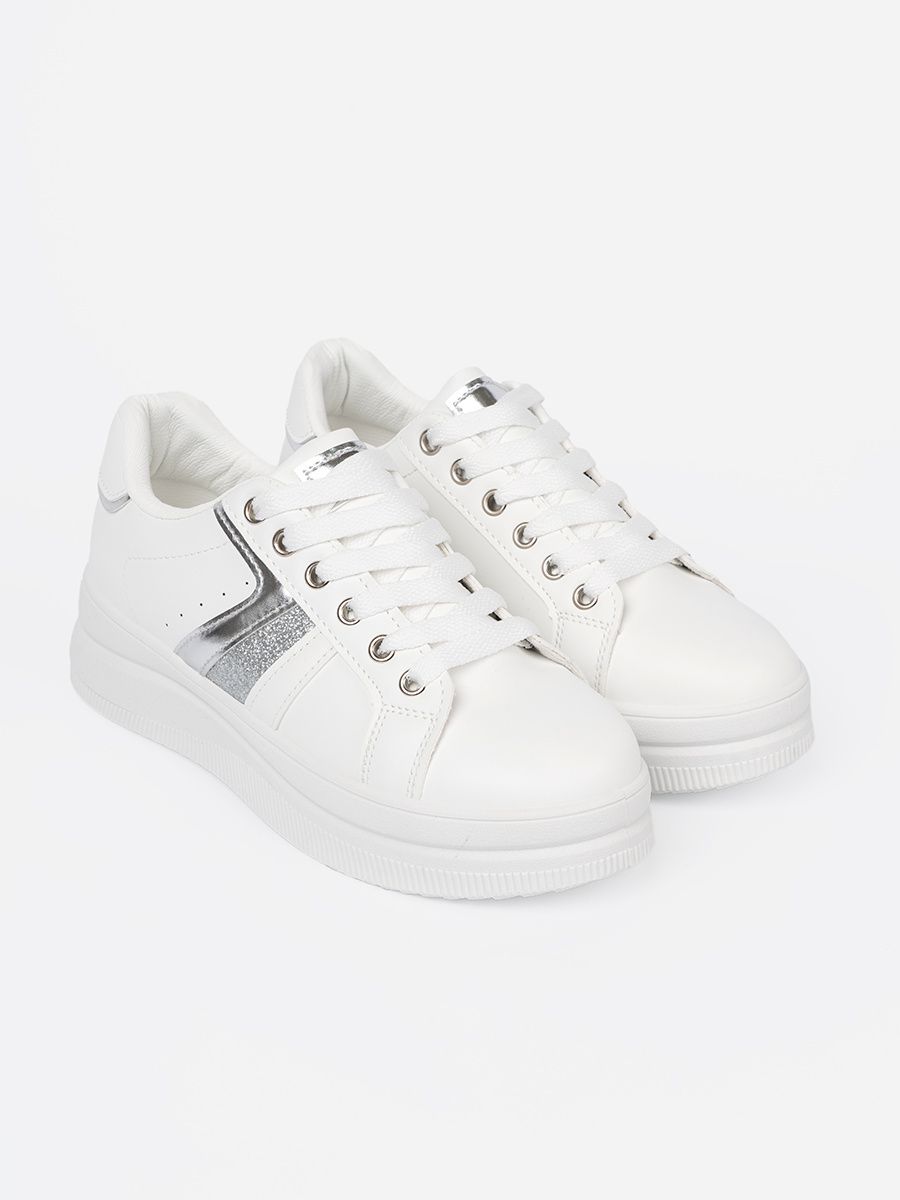 White Sneakers with Metallic Silver Accent